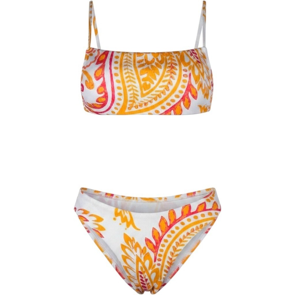 New Small Orange Pink Paisley Print Square Neck Bandeau Bikini Halter Swimsuit
